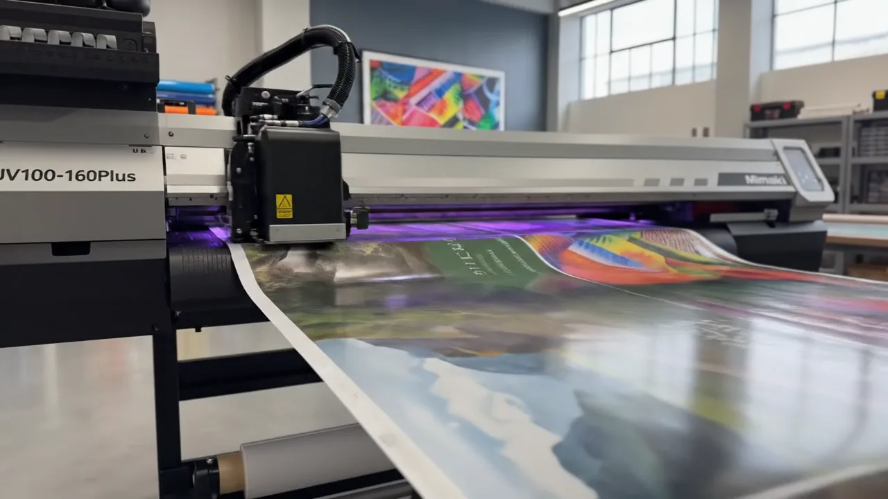 Impresora UV Mimaki imprimiendo gráficos a color en el taller