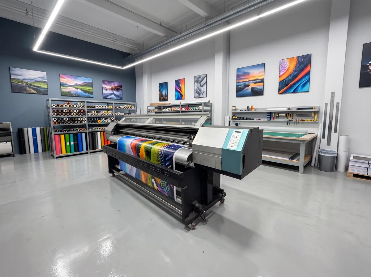 Impresora de gran formato imprimiendo un vinilo a todo color