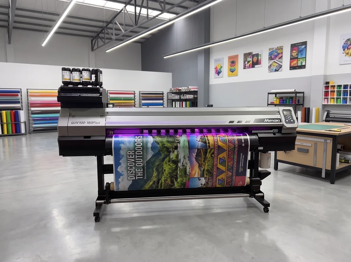 Impresora UV de gran formato imprimiendo un rollo de vinilo